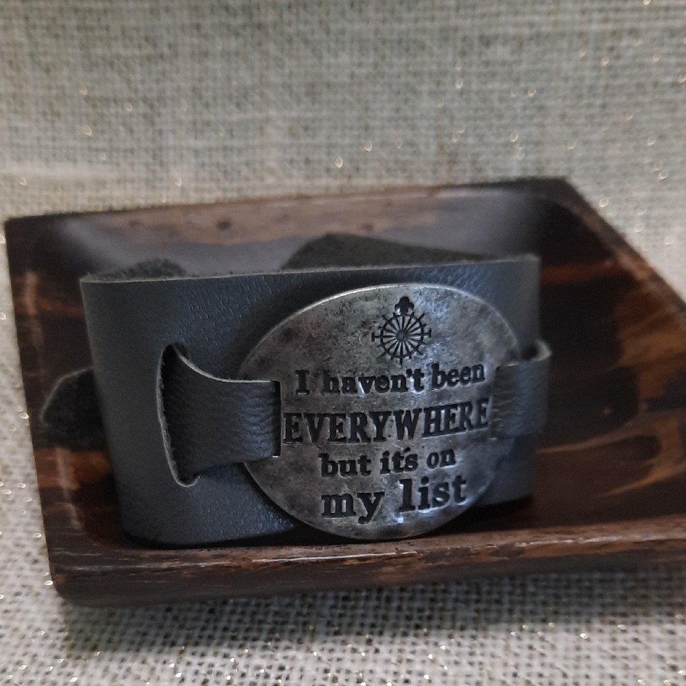 Gray Leather Bracelet with Antique Silver Quote Plate